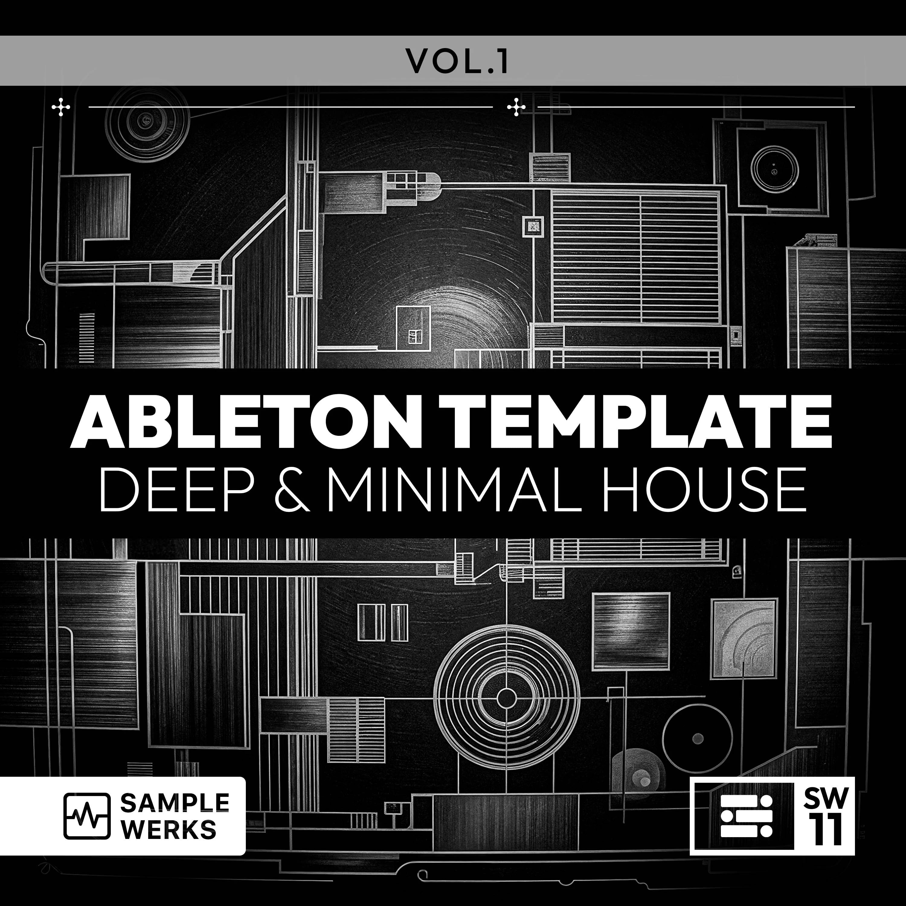 Ableton Template for Deep & Minimal House music with architectural blueprint design and Sample Werks branding.