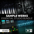 Promotional image for Sample Werks Essential Studio Bundle with audio equipment background.