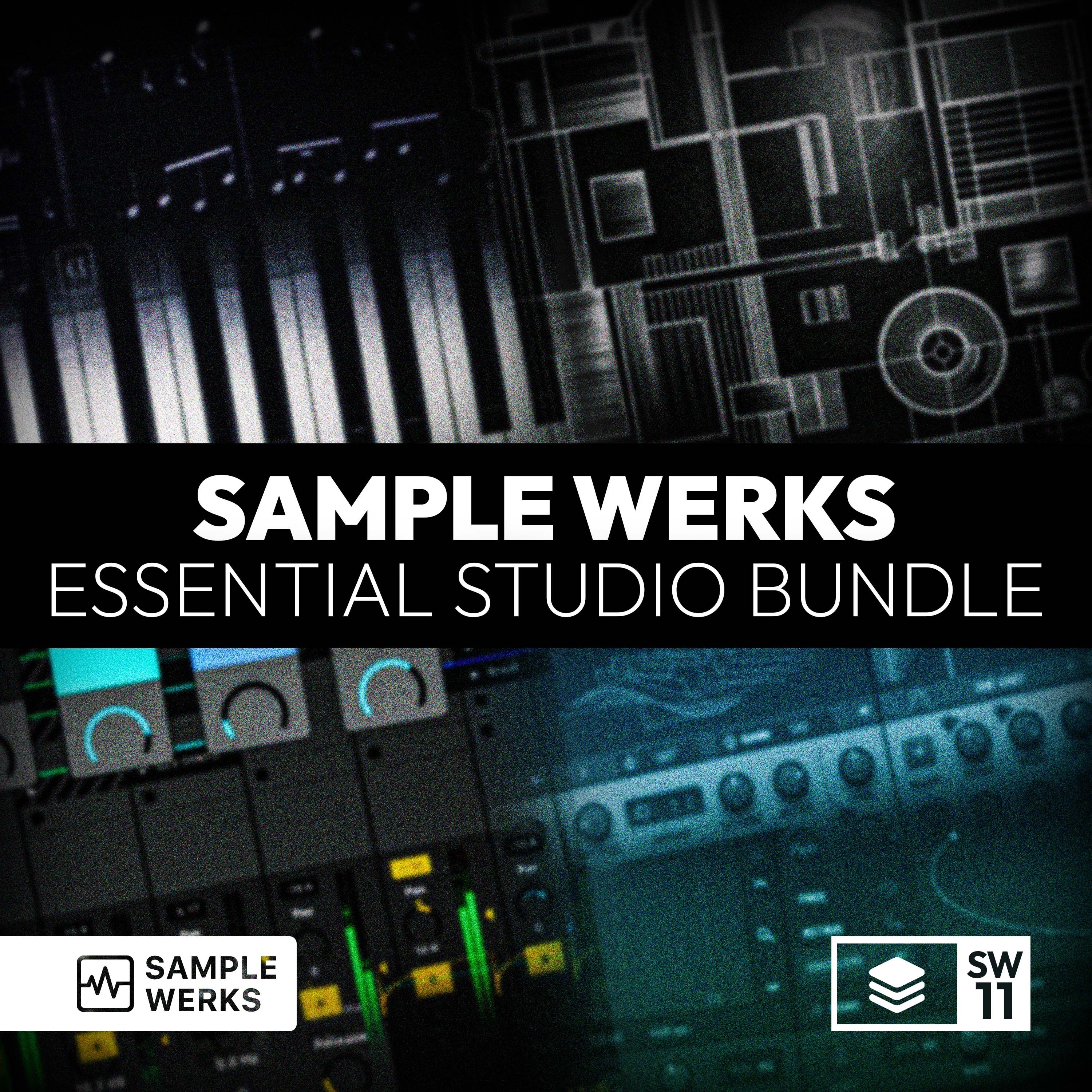 Promotional image for Sample Werks Essential Studio Bundle with audio equipment background.