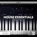 Keyboard with 'House Essentials MIDI Pack' text and Sample Werks logo on a dark background.