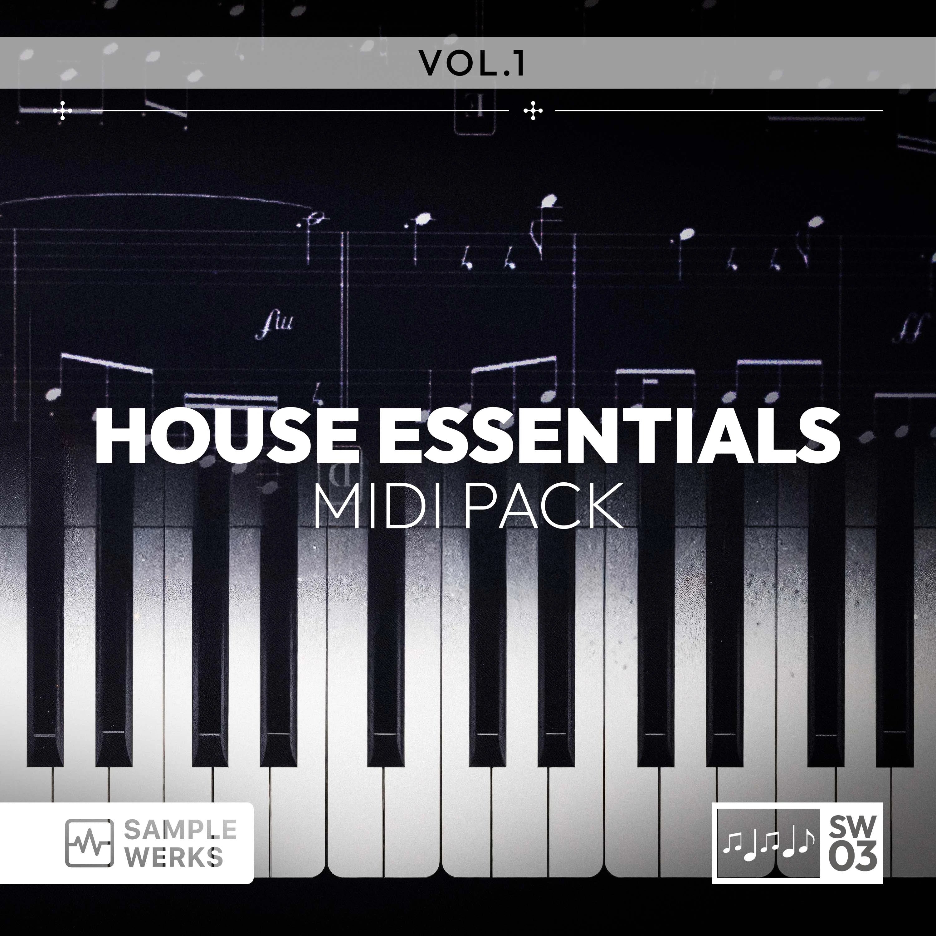 Keyboard with 'House Essentials MIDI Pack' text and Sample Werks logo on a dark background.