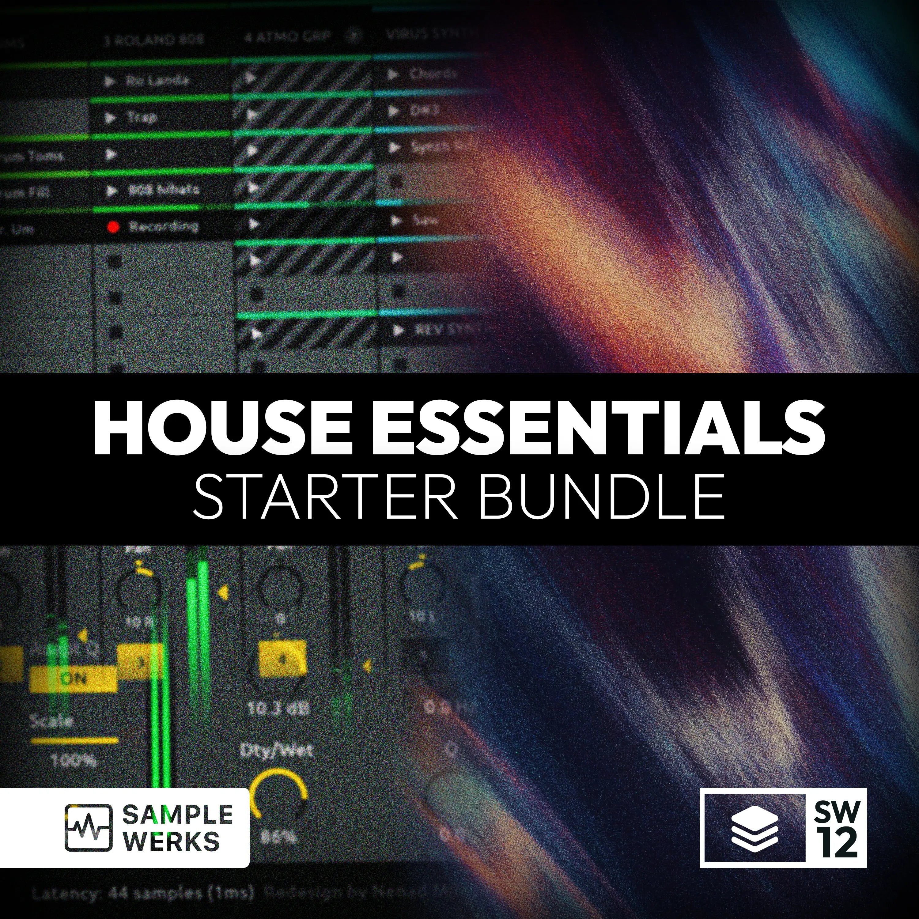Promotional graphic for 'House Essentials Starter Bundle' by Sample Werks with music production software interface.