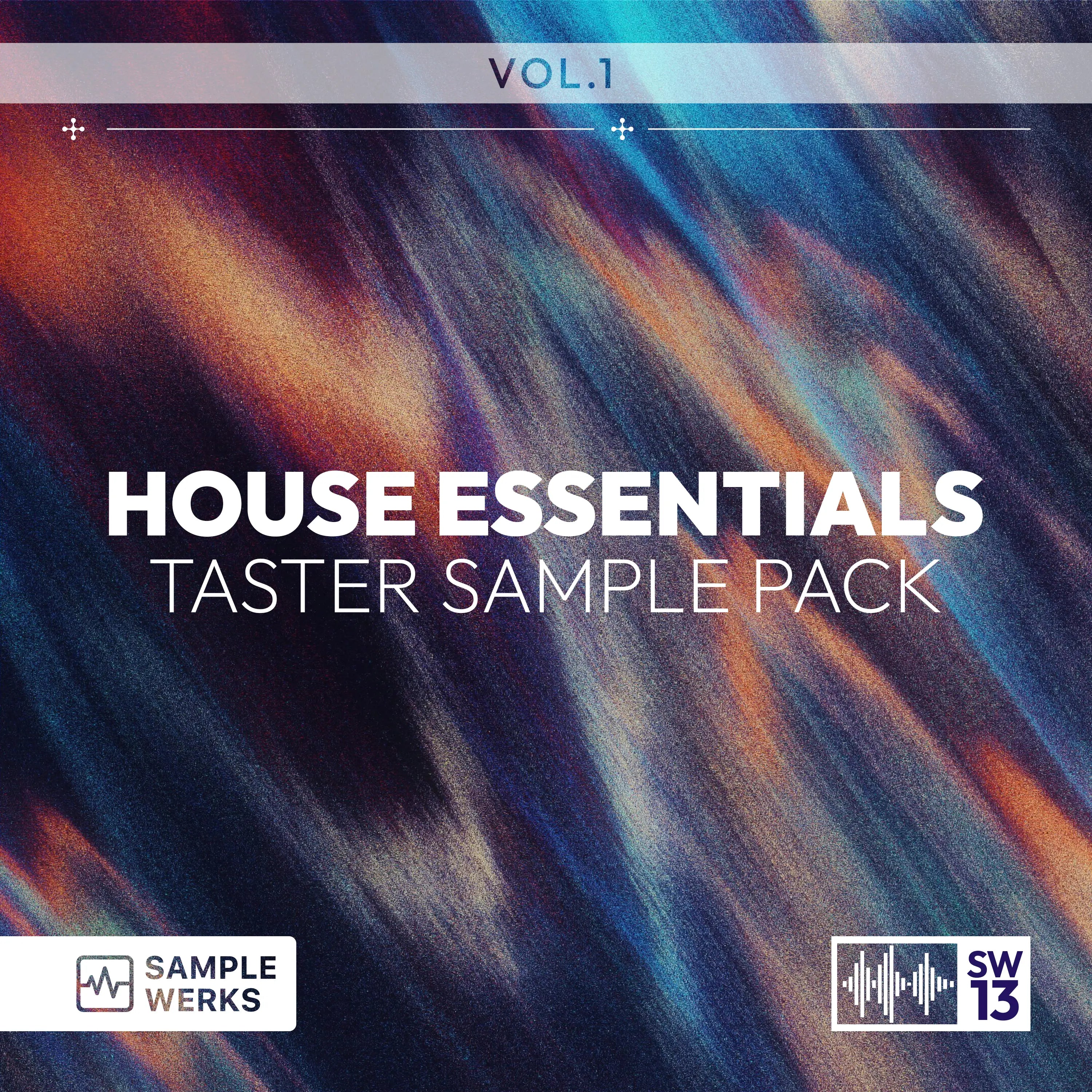 Cover of 'House Essentials Taster Sample Pack Vol. 1' by Sample Werks with colorful abstract design.